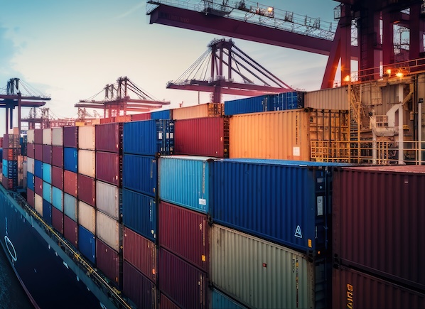 Container ship carrying container boxes import export dock with quay crane. Business commercial trade global cargo freight shipping logistic and transportation worldwide oversea concept. Generative AI